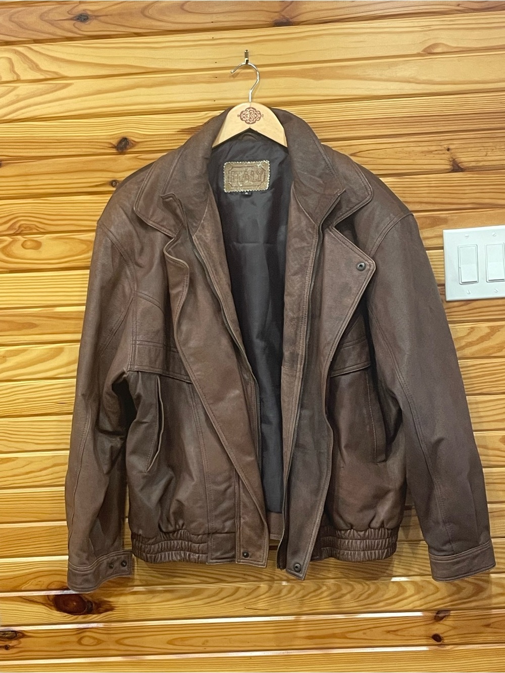 Men’s Brown Leather Bomber Jacket SZ XL